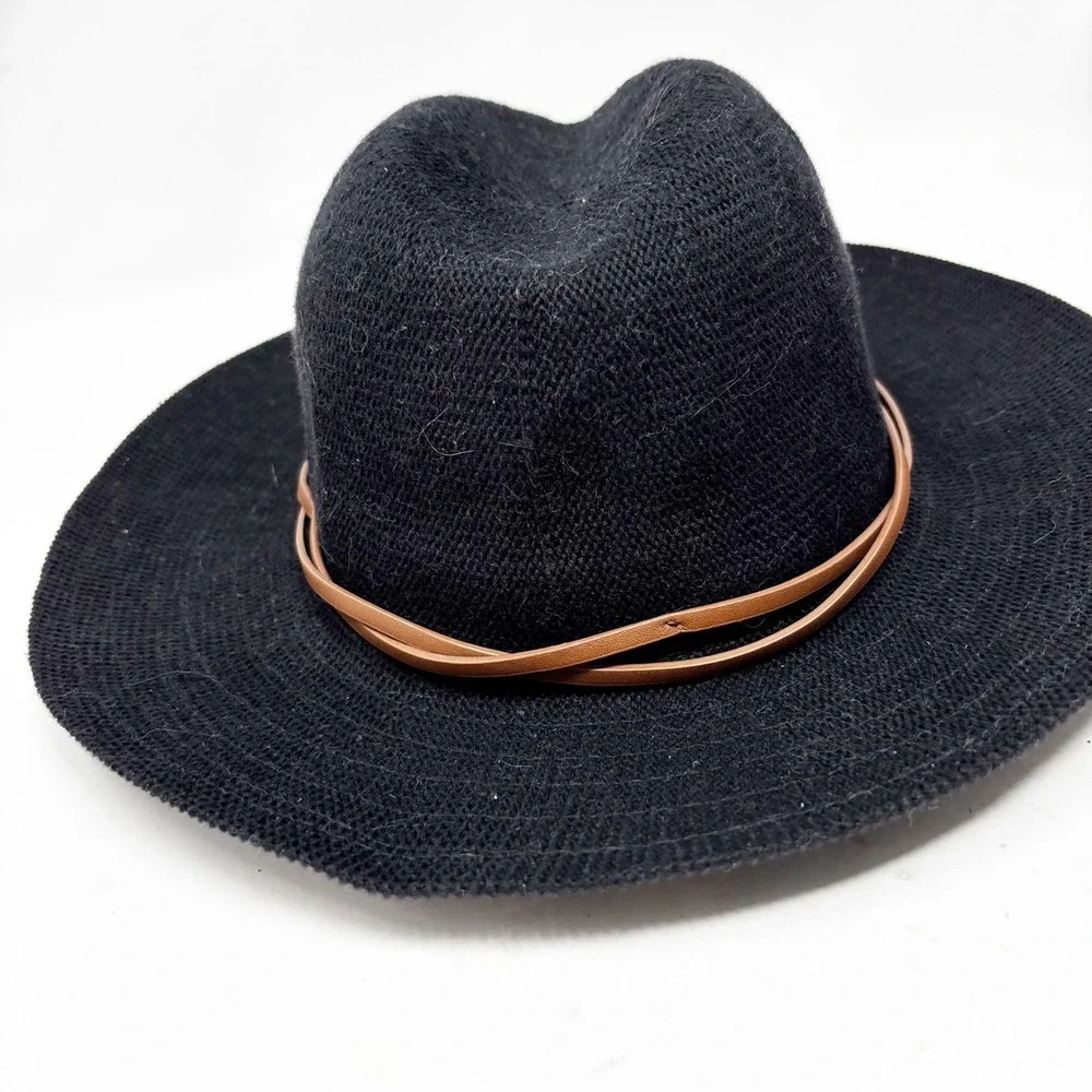 Anthropologie Black Fedora Hat One Size Brown‎ Faux Leather Band Cotton Mesh